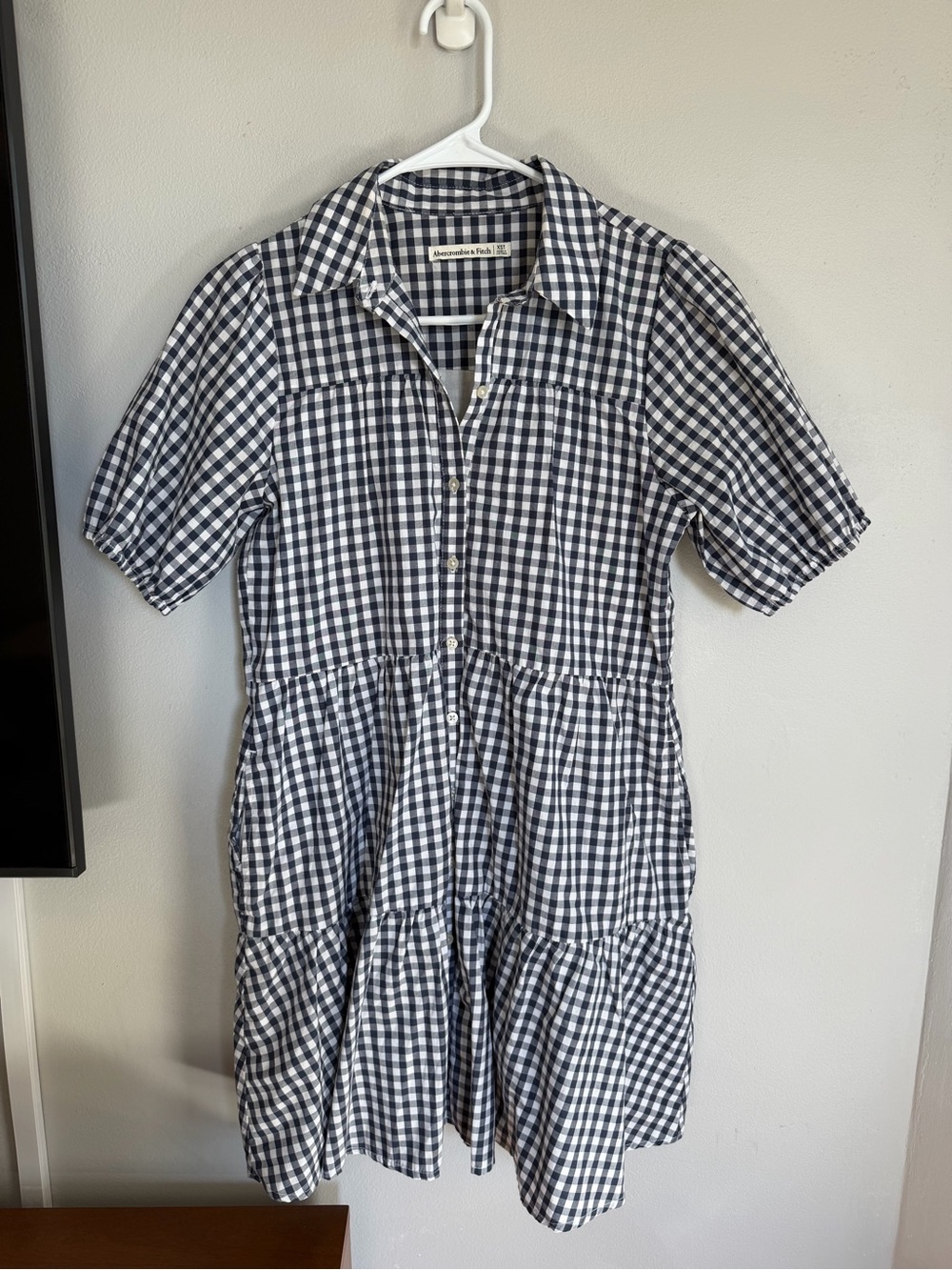 Abercrombie & Fitch Tiered Shirt Dress Gingham Navy White XS TALL